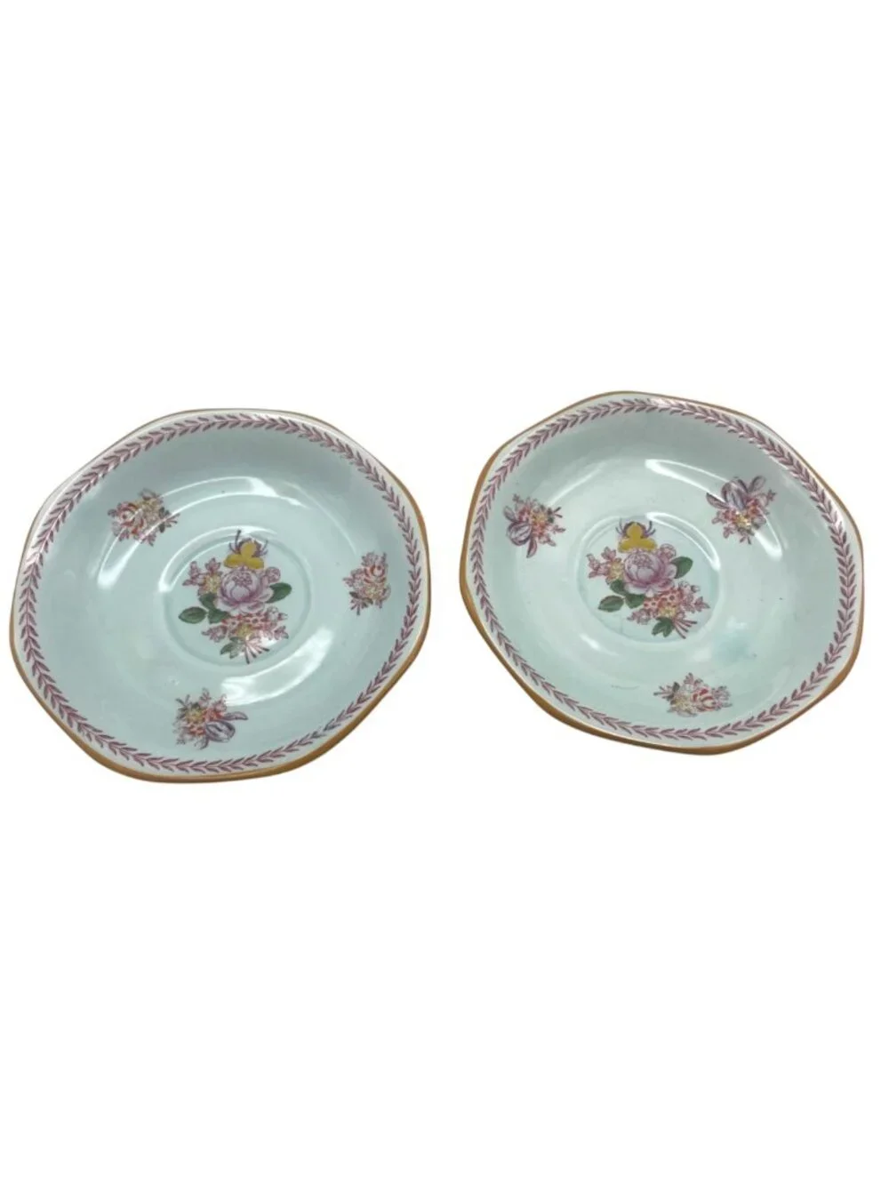 2 Adams Calyx Ware Chelsea Sprays Saucers Red Stamp Laurel Leaf England